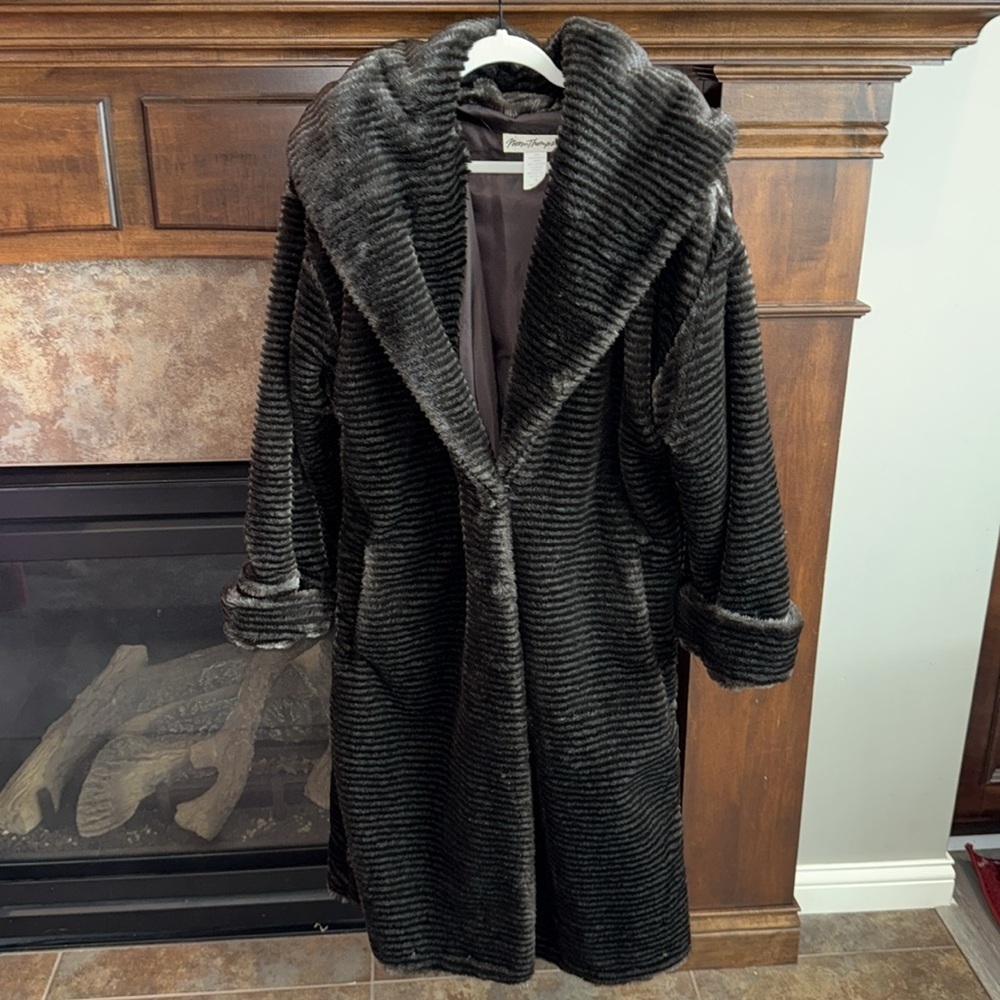 Vintage rare striped faux fur coat hooded mid century statement chic bold Medium